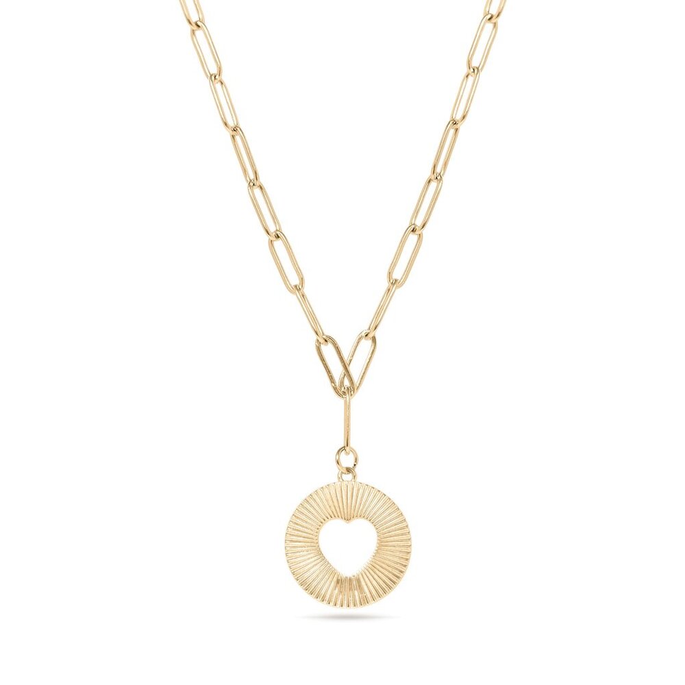 #077 18K Gold Plated SS Sunburst CZ Heart Paperclip Pendant Necklace